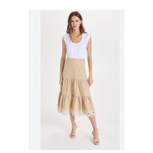 Veronica Beard Womens Amaia Midi Dress Eyelet Cotton L Tan Khaki White NWT